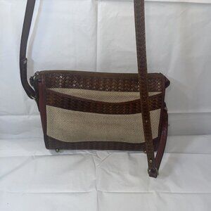 Vintage Brahmin Purse Crossbody Canvas Woven Style Leather Brown Cream